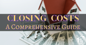 A small model of a house surrounded by money and a set of house to keys to represent closing costs